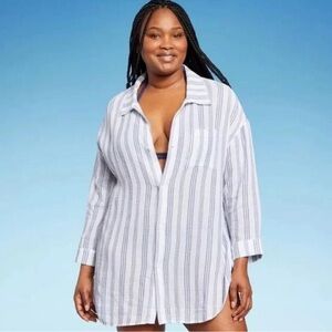 Kona Sol Striped Swim Cover-Up 100% Cotton Size XL